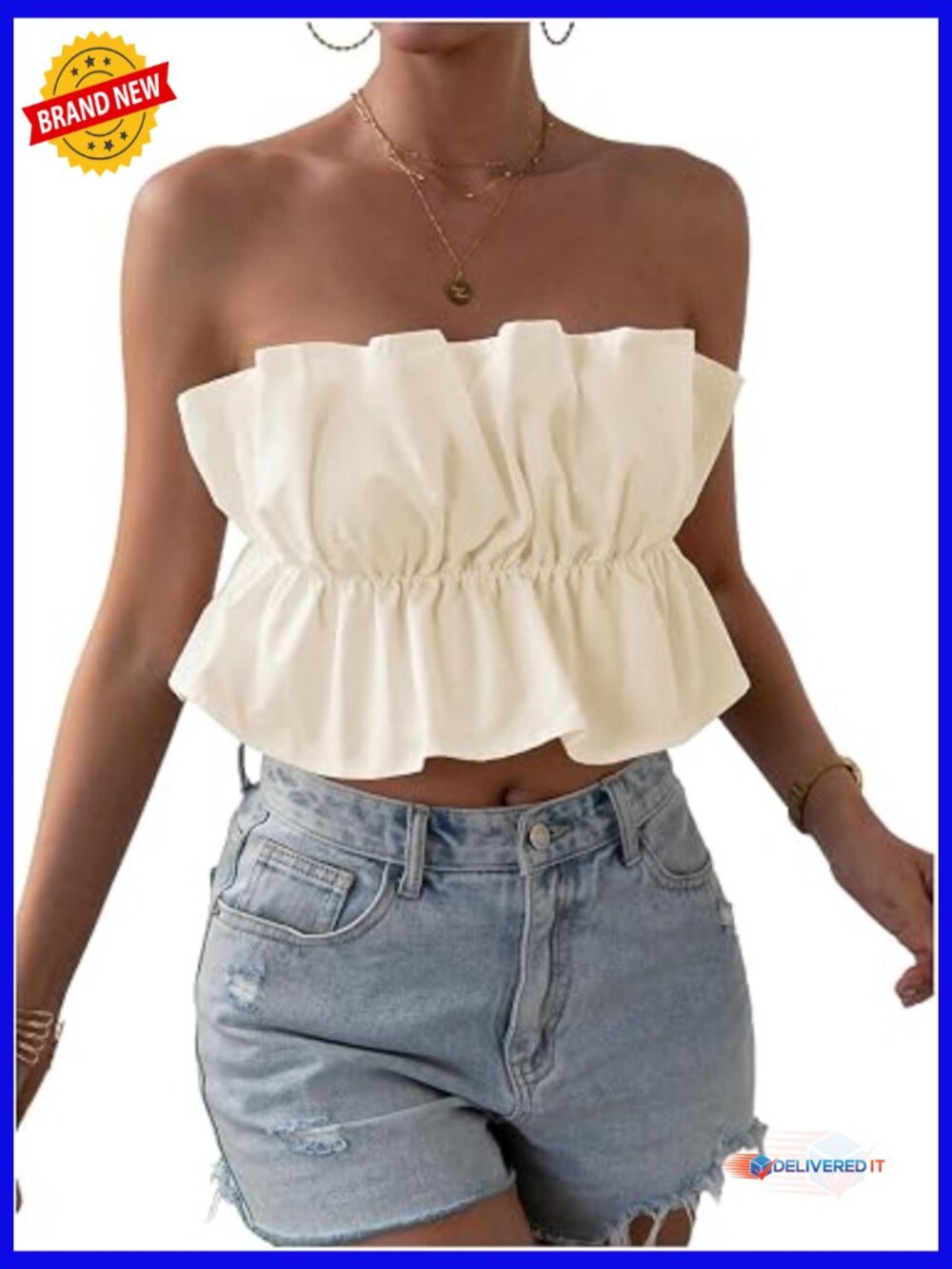 Strapless Bubble Tube Top Ruffle Open Back Crop Top Summer